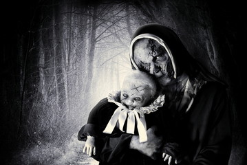 scary  horror nun and devil baby - 216271157