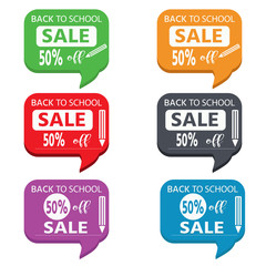 School bright stickers, icons. Back to school sale. Colorful school objects and text.