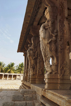 Fantastic Yali images carved on pillars of Kalyana Mandapa, Divine Marriage Hall, Pattabhirama Temple, Hampi, Karnataka. View from west.