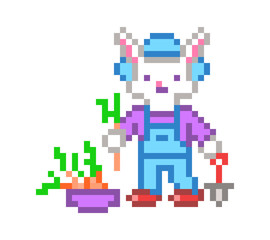 Cute rabbit collecting carrot, pixel art character isolated on white background. Farmer bunny picking up vegetables. Hare harvesting in the garden. Old school 8 bit retro 80s,90s video game graphics.
