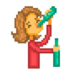 Fototapeta premium Woman drinking two bottles of beer/wine, cartoon pixel art character isolated on white background. Drunk girl. Illustration of alcohol addiction/bad habit. Social problem. Teenager partying at a bar.