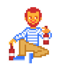Fototapeta premium Drunk guy with two bottles of beer/wine, cartoon pixel art character isolated on white background. Illustration of alcohol addiction. Social problem. Man partying. Hobo man drinking strong beverages.
