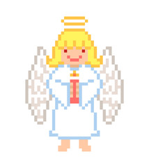 Little angel girl with a candle, pixel art character isolated on white background. Merry Christmas card. Religious holiday. Old school 8 bit retro 80s,90s video game graphics. Wedding child mascot.