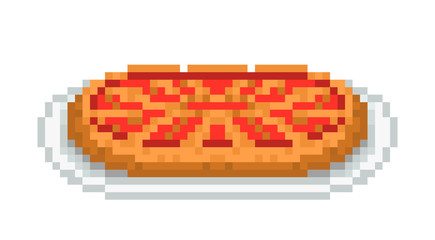 Cherry pie with a lattice top served on a plate, pixel art illustration isolated on white background. Bakery menu icon. Pastry recipe. Traditional American dessert. Sweet breakfast. Holiday treat.