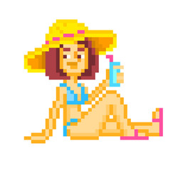 Relaxed girl in blue bikini and straw hat lying on a beach, sunbathing and drinking water,pixel art character isolated on white background. Summer vacation by the ocean. Beautiful woman getting a tan.