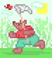 Fototapeta premium Bear chasing butterfly with a net, cute vector pixel art illustration. Insect collecting hobby. Summer outdoor activity. Cartoon scene with wildlife animal character. Retro 8 bit video game graphics.