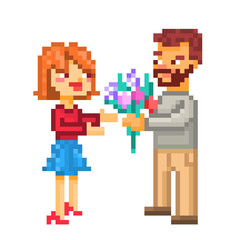 Happy couple on a date, pixel art illustration isolated on white background. 8 bit boyfriend and girlfriend meeting. Man giving flowers to a woman. Two lovers. Valentine's day present. Birthday gift.