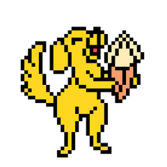 Happy yellow dog enjoying ice cream cone in the summer heat, cartoon pixel art character isolated on white background. Retro 80s; 90s slot machine/video game graphics. Funny street food logo.