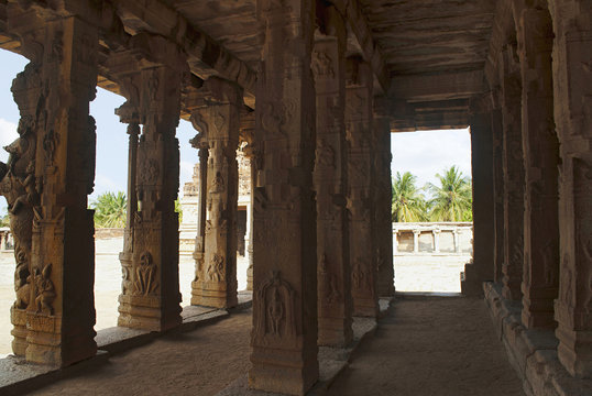 Carved pillars. Kalyana Mandapa, Divine Marriage Hall. Pattabhirama Temple, Hampi, Karnataka. View from west.