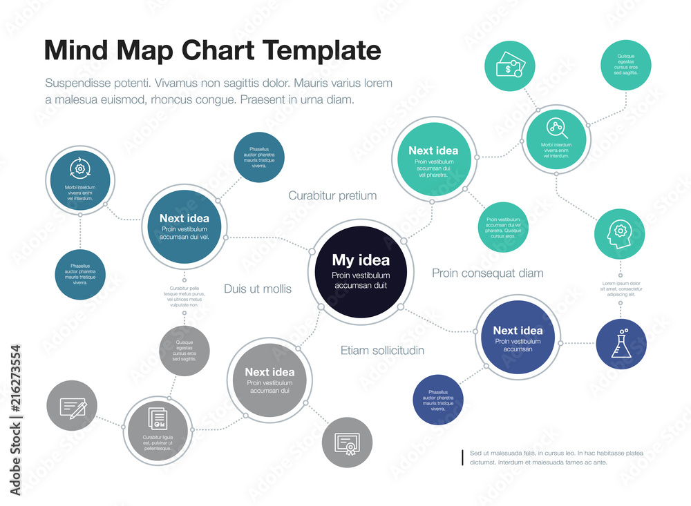 Poster Simple infographic for mind map visualization template with colorful circles and several icons, isolated on light background. Easy to use for your website or presentation.