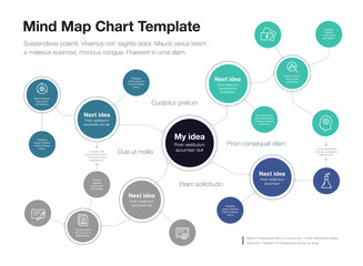 Simple infographic for mind map visualization template with colorful circles and several icons, isolated on light background. Easy to use for your website or presentation.