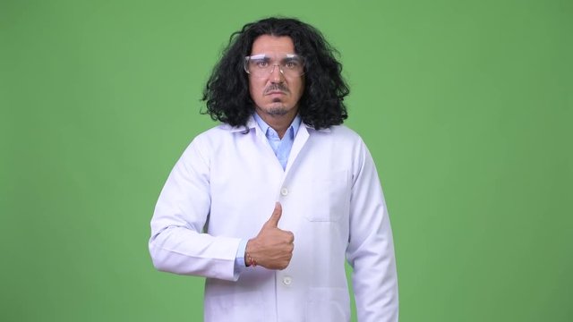 Crazy Scientist Wearing Protective Glasses And Giving Thumbs Up