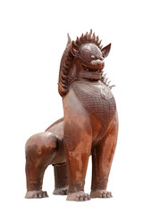 Cambodian lion statue isolated on white background.