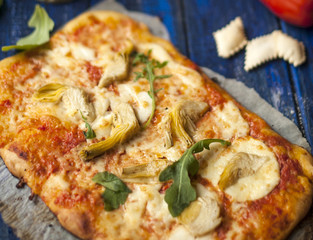 Delicious homemade pastries, Italian pizza with cheese and pear, top view