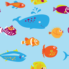 Cute seamless pattern with multi-colored cartoon fishes