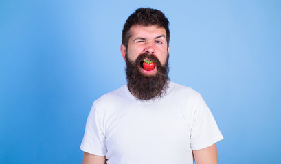 Strawberry breath freshener concept. Man handsome hipster with long beard eating strawberry....
