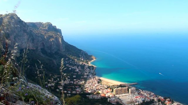 Virgin Mary beach (Vergine Maria) and Pellegrino mount (Monte Pellegrino) in Palermo, Sicily, Italy
