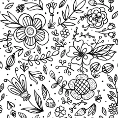 Keuken spatwand met foto Floral doodle pattern with flowers and leaves. Vector sketch illustration © argunika