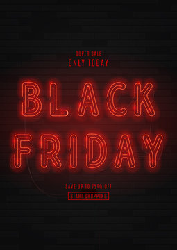 Dark flyer for black Friday sale. Modern neon red billboard on brick wall. Concept of advertising for seasonal offer with glowing neon text.
