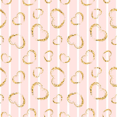 Gold heart seamless pattern. Pink-white geometric stripes, golden grunge confetti-hearts. Symbol of love, Valentine day holiday. Design wallpaper, background, fabric texture. Vector illustration