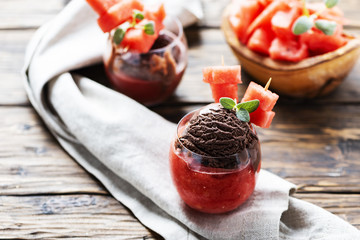 Watermelon sorbet with chocolate ice cream, selective focus