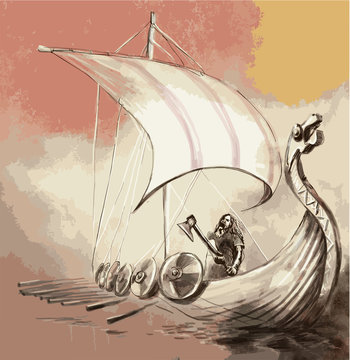 Viking Age. Drekar ship and Warrior with the Axe standing on boat with dragon head. An hand painted vector.