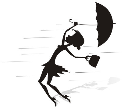 Windy day and woman with umbrella silhouette illustrationю Young woman tries to hold an umbrella and a fancy bag gone with the strong wind silhouette black on white illustration
