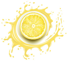 Yellow lemon slice with splash and many juice drops