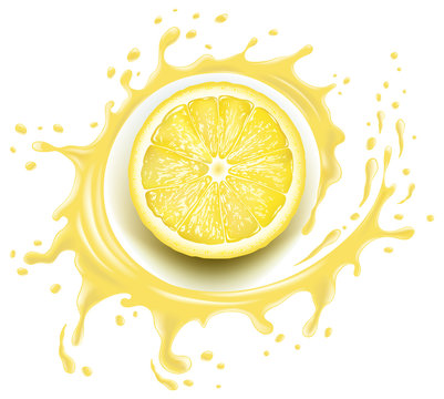 Yellow Lemon Slice With Splash And Many Juice Drops