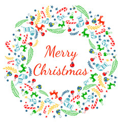 Merry Christmas greeting card with wreath, Vintage Background With Typography and Elements - sock, spruce, fir-tree, lollipop, striped stick, twig, deer, Christmas toy, ball, star, snowflake, circle