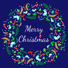 Obraz premium Merry Christmas greeting card with wreath, Vintage Background With Typography and Elements - sock, spruce, fir-tree, lollipop, striped stick, twig, deer, Christmas toy, ball, star, snowflake, circle