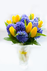 Bouquet of yellow and lilac flowers. Spring. Summer. Close-up