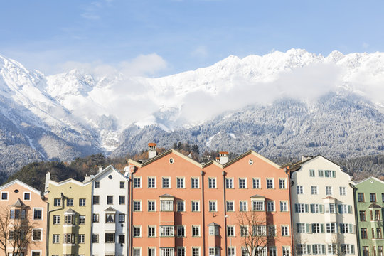 Austria, Innsbruck, row of houses in front of Nordkette Mountains