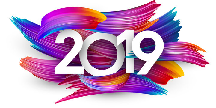 2019 new year festive background with colorful brush strokes.
