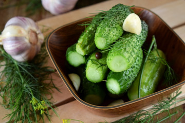 Light-salted cucumbers in a wooden bowl surrounded by the ingredients. Traditional Russian cuisine snack