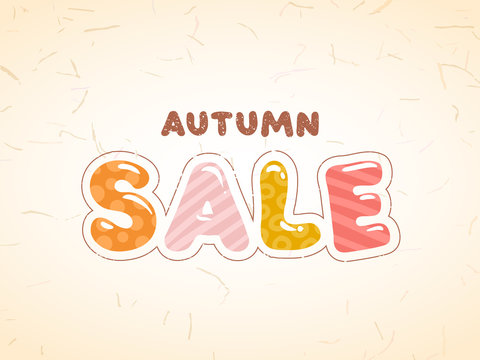 "Autumn SALE" advertising banner template. Glossy vector title by hand-drawn decorative font with pattern and thin outline. Decorative text on light beige background with paper texture.