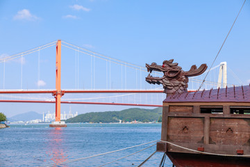 Namhae Bridge and Yi Sun-sin turtle ship in Namhae County, South Gyeongsang Province, Korea