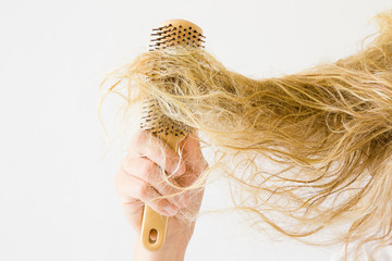 Wet, blonde, tangled woman's hair after washing on the light gray background. Hand with comb. Hair problem and solution. Daily women's issues.