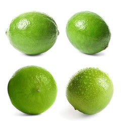 Set with fresh limes on white background