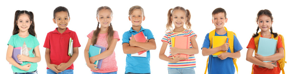 Cute school children with stationery on white background