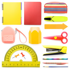 Set of colorful school stationery on white background