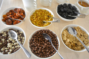 Smorgasbord in restaurant. Breakfast table in hotel