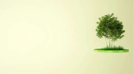 Obraz premium Trees in the meadow on the island. Trees on the grass and yellow background. Artwork idea for park. 3D Illustration.