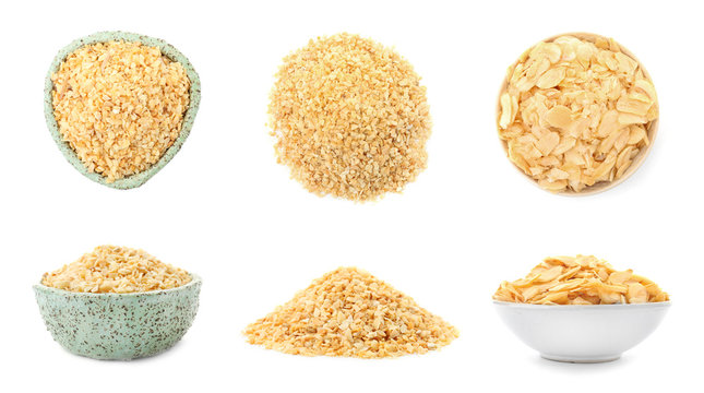 Set with dried aromatic garlic on white background