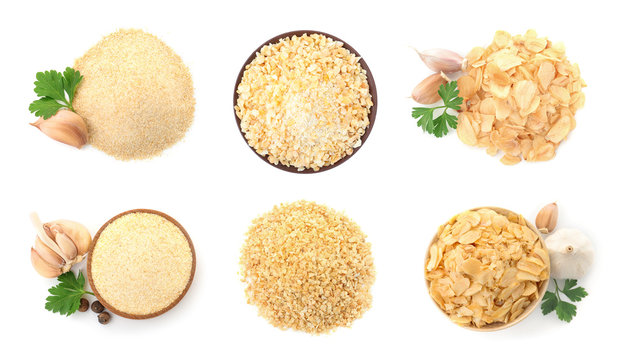 Set with dried aromatic garlic on white background, top view