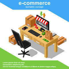 Isometric online shopping concept includes monitor, shopping bag, cardboard boxes and market awning vector illustration.