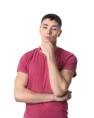 Portrait of handsome young man on white background