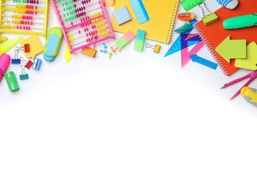 Composition with different school stationery on white background