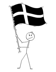 Cartoon drawing conceptual illustration of man waving the flag of Kingdom of Denmark.