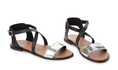 Pair of trendy women's shoes on white background